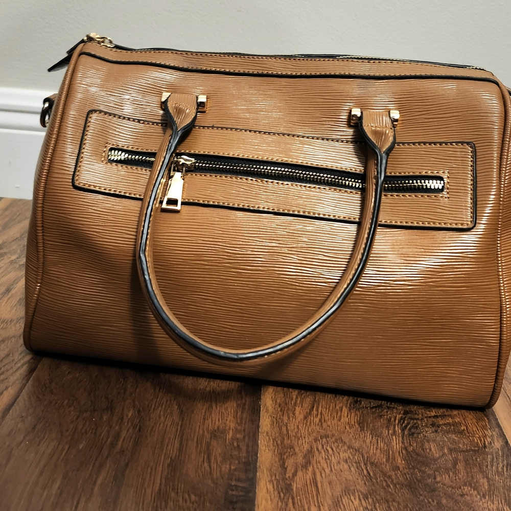 Cognac Vegan Leather Classic Satchel Style Bag